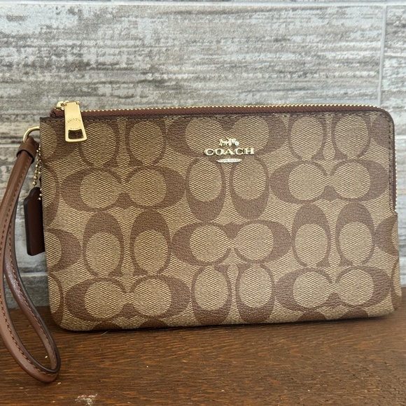 New Coach Double Zip Wallet Signature PVC Khaki Saddle Logo - Picture 1 of 10